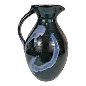 Handmade Studio Art Pottery Pitcher Deep Teal Blue Purple Drip Glaze Ceramic Jug